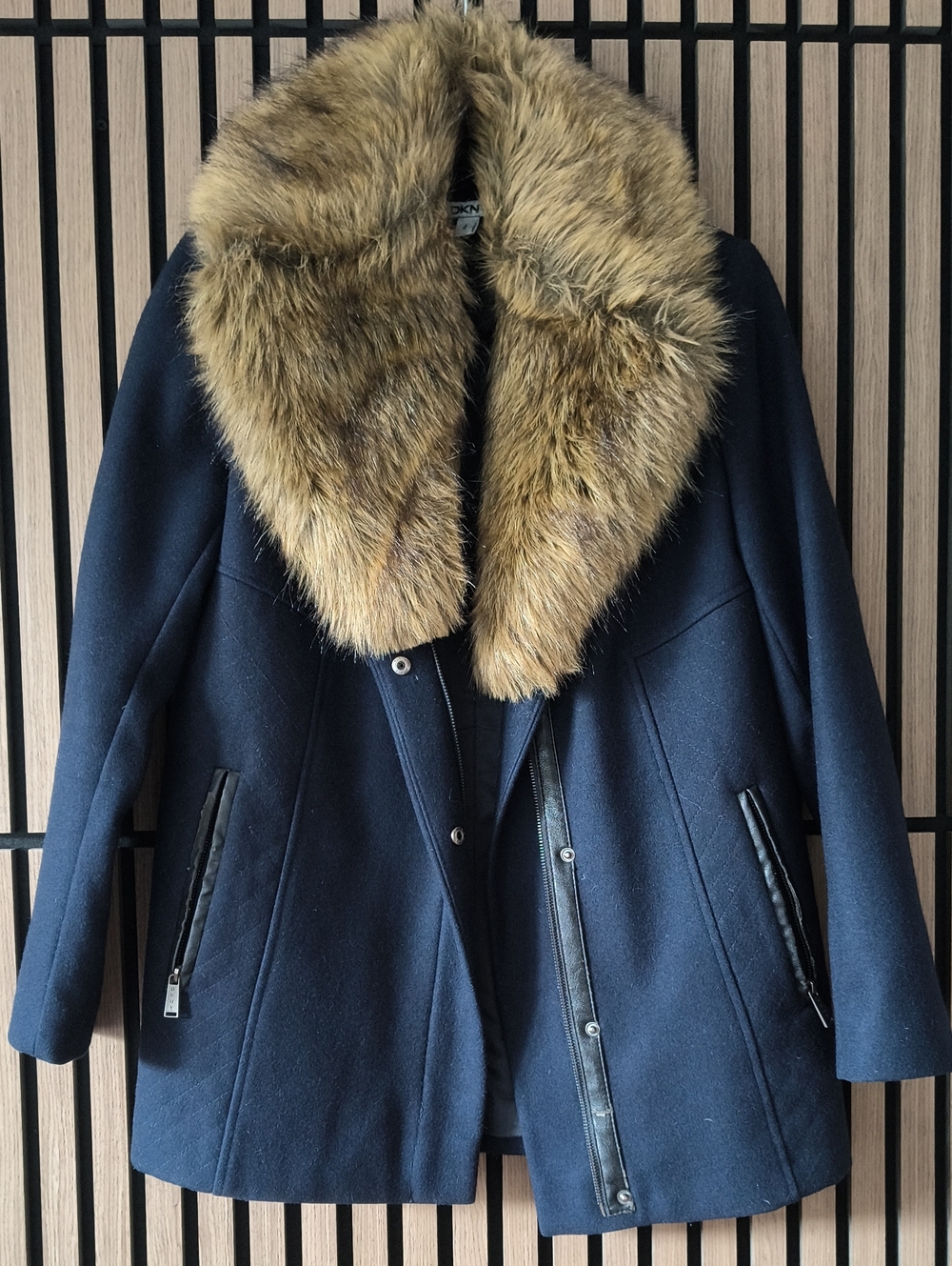 DKNY Navy Pea Coat with Faux Fur Collar